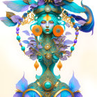 Blue-skinned figure adorned with golden filigree and celestial elements.