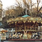 Colorful Fruit-Themed Carousel Illustration with Vintage Cars and Whimsical Architecture