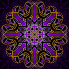 Symmetrical mandala digital artwork with purple, gold, and pink floral patterns