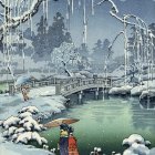 Snow-covered winter forest with stone bridge and orange saplings