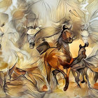 Colorful illustration: Two white horses in vibrant sunset scene