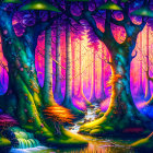 Colorful Psychedelic Forest Illustration with Swirling Patterns and Radiant Colors