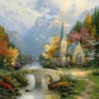 Mystical landscape with castle, bridge, autumn trees, river, boat, and cloudy sky