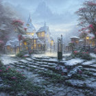 Victorian-style houses in snowy twilight landscape with frost-covered trees