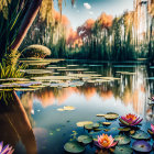 Tranquil pond with lotus flowers, houses, trees, and gazebo in vibrant forest.