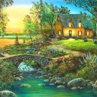 Tranquil countryside scene with cottage, stone bridge, flowers, and birds