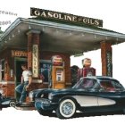 Vintage car parked at snow-covered gas station in watercolor painting