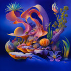 Vibrant surreal underwater scene with stylized flora and moon-like portal on deep blue backdrop