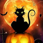 Spooky Halloween illustration with black cat, pumpkin, castle, bats, and full moon