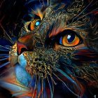 Colorful Psychedelic Cat Illustration with Swirling Patterns on Dark Background