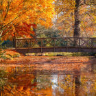 Tranquil lake with autumn cottages and fiery trees