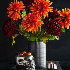 Colorful digital artwork: Psychedelic sunflowers, orbs, and vases on dark background