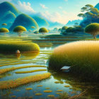 Tranquil landscape with terraced fields, water lilies, and mountains in golden light