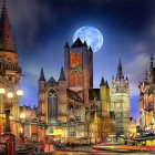 Whimsical painting of old-time town with castle-like buildings and vintage cars