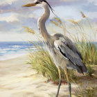 Graceful heron on sandy beach with dunes and cloudy sky