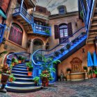 Colorful Twilight Street Scene with Illuminated Buildings and Staircase