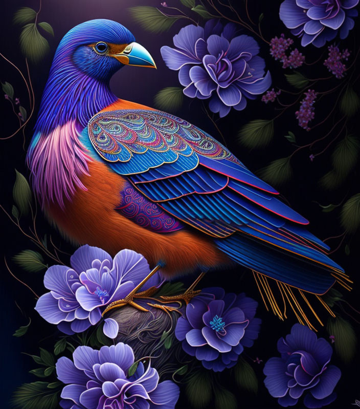 Colorful Stylized Bird Among Purple Flowers on Dark Background