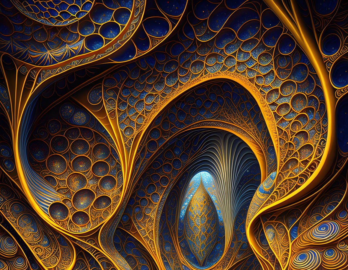 Intricate Fractal Image with Gold and Blue Swirling Patterns