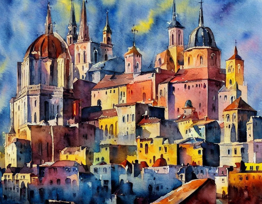 Colorful Watercolor Painting of Buildings with Domes and Spires