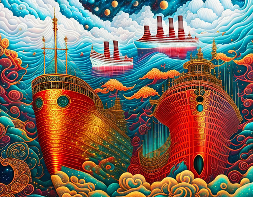 Colorful Illustration: Three Patterned Ships on Wavy Sea & Whimsical Sky