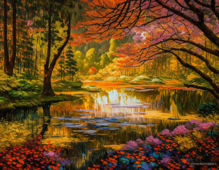 Colorful autumn forest scene with lake reflection and flowers