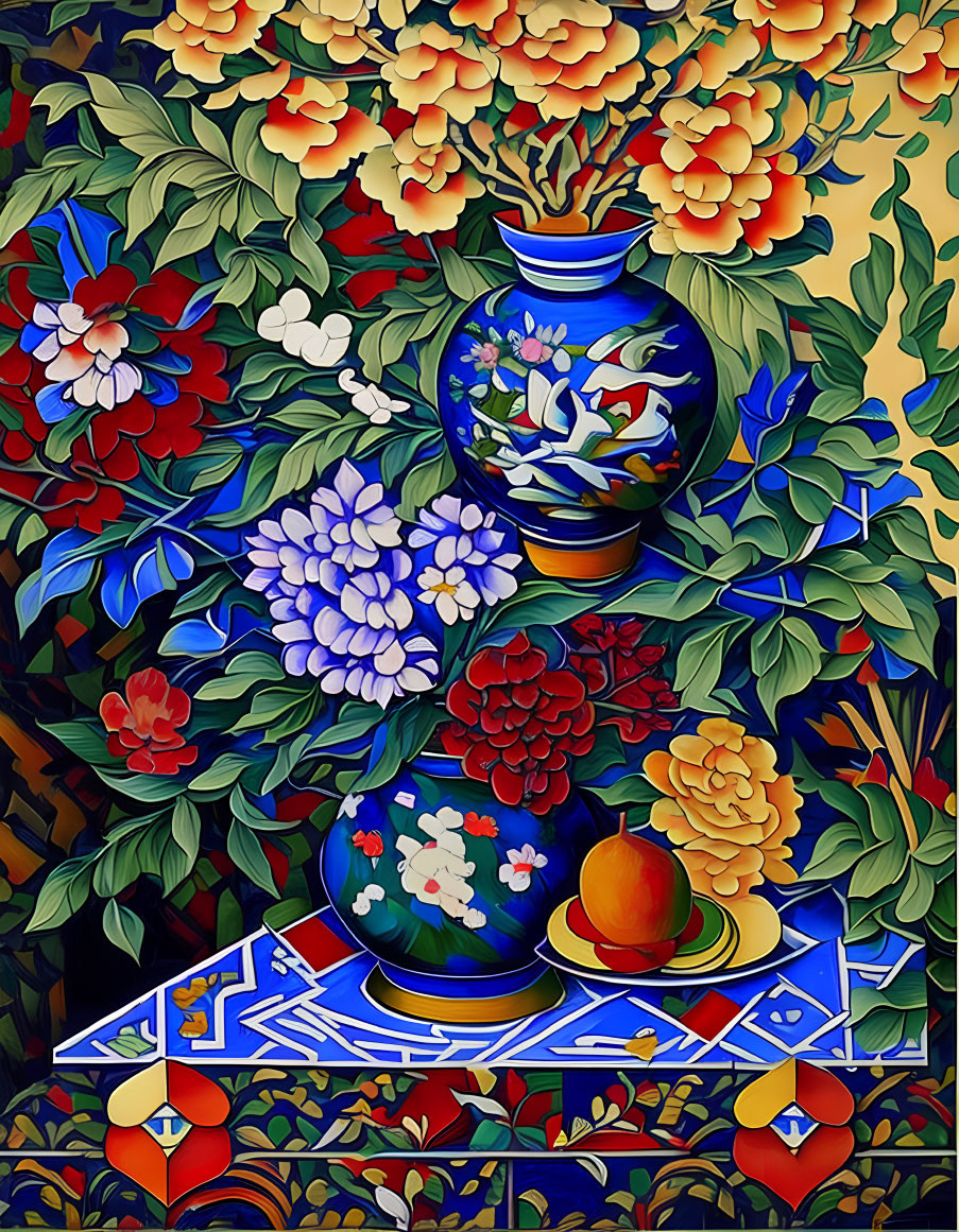 Colorful Still-Life Painting with Blue Vase and White Flowers