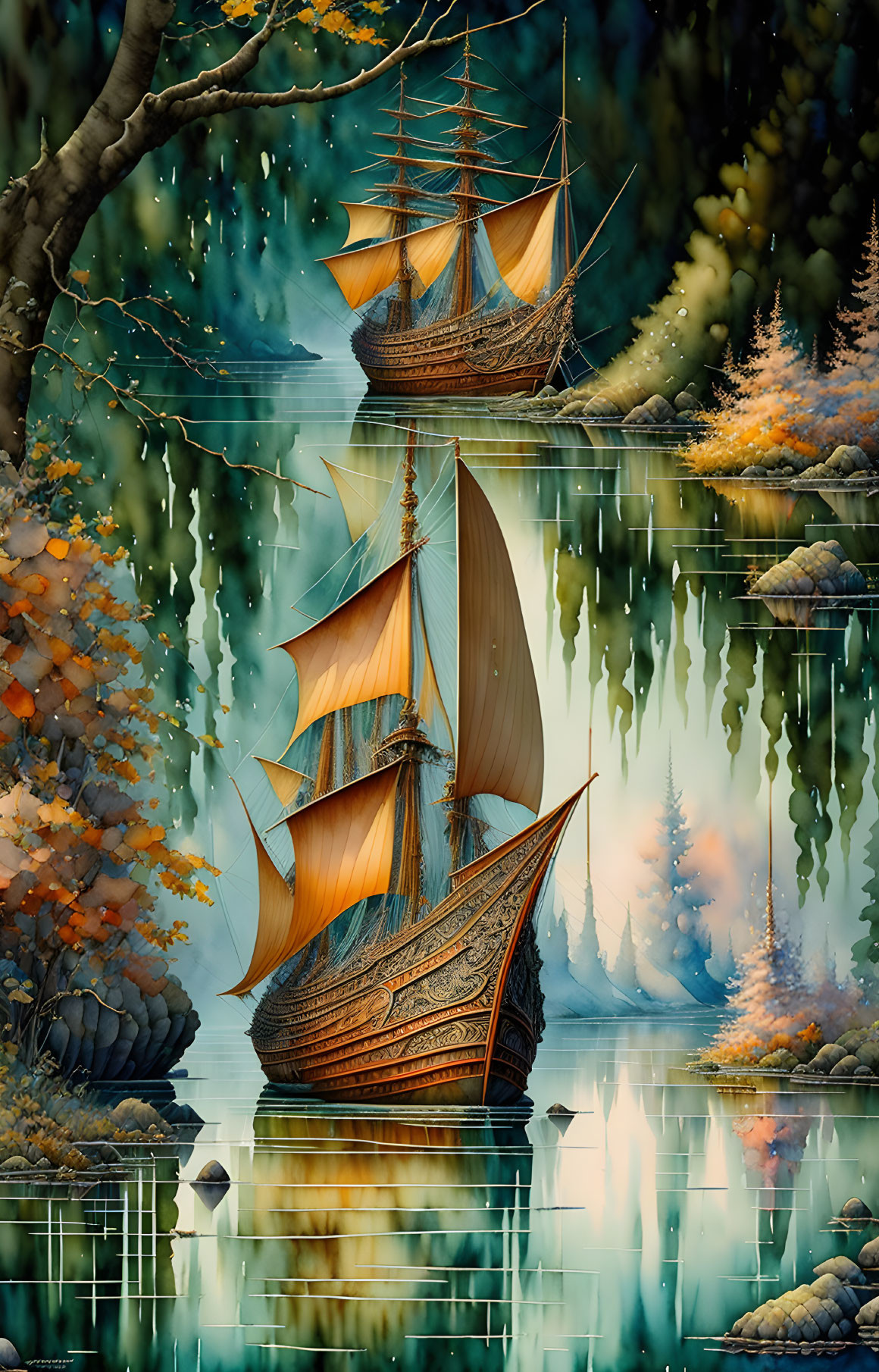 Fantasy scene: Two sailing ships on serene lake