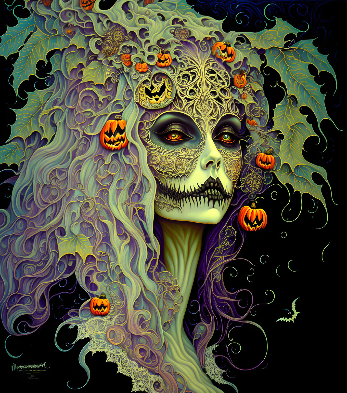 Person with Skull Makeup Surrounded by Autumn Leaves in Halloween-themed Artwork