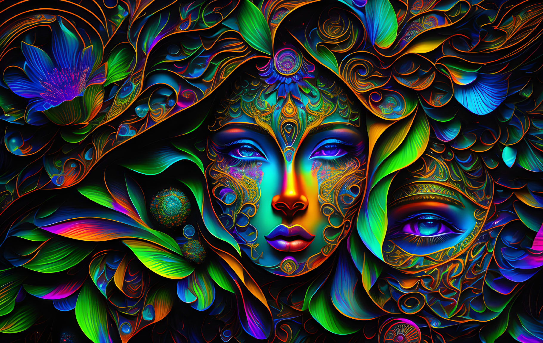 Symmetrical female faces with psychedelic patterns on dark background