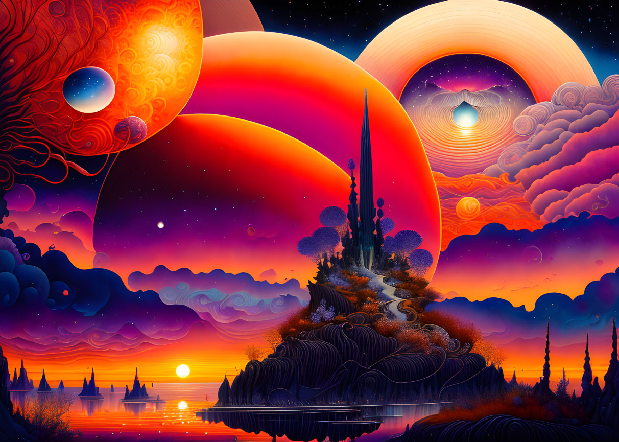 Colorful digital artwork: multiple moons, sun, castle, winding path, water reflection, starry