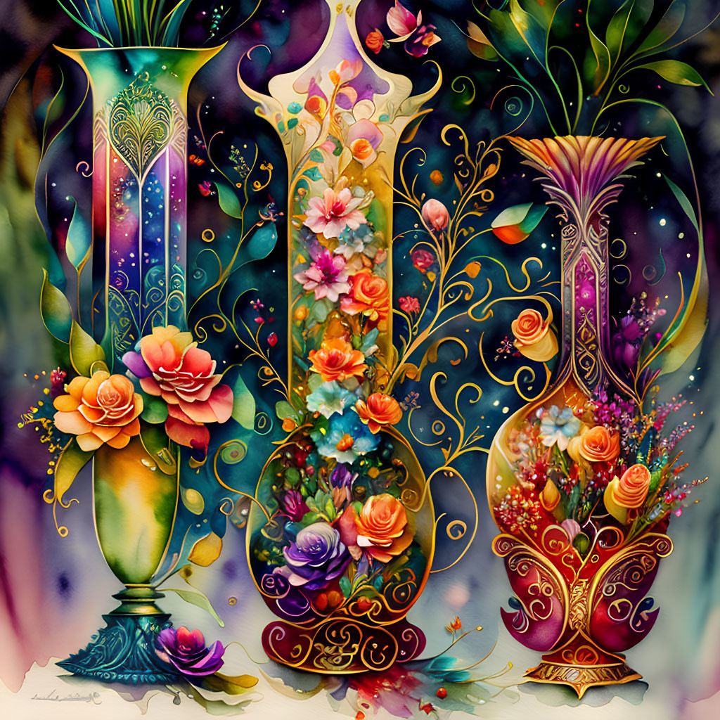 Colorful Illustration of Ornate Vases with Blooming Flowers on Ethereal Background