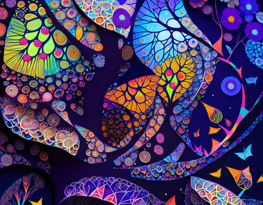 Colorful Abstract Art with Butterfly Motifs & Cosmic Patterns