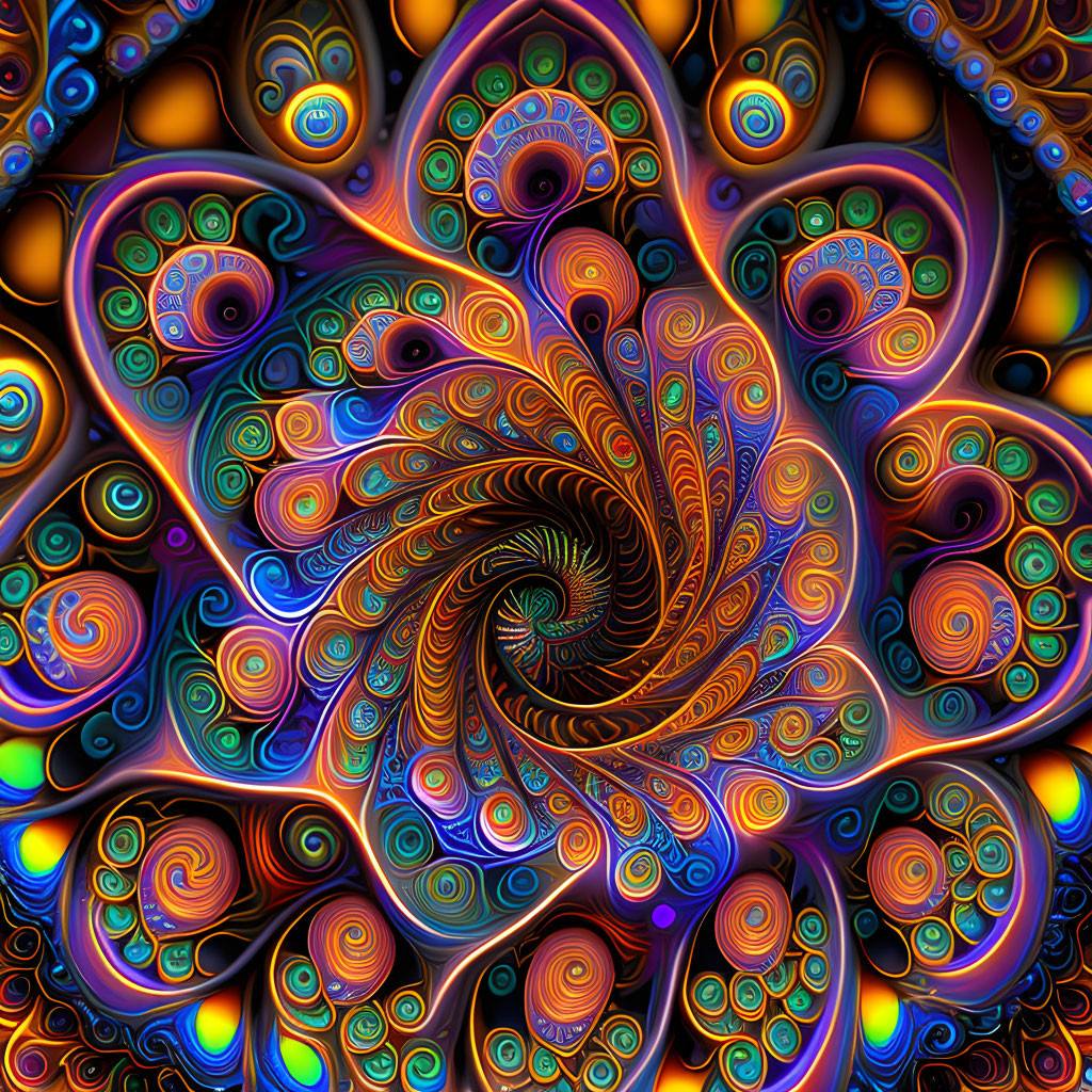 Colorful Fractal Image with Swirling Patterns in Blues, Oranges, and Purples