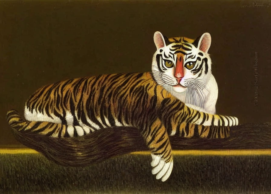 Tiger with Human-like Face Reclining on Branch Painting