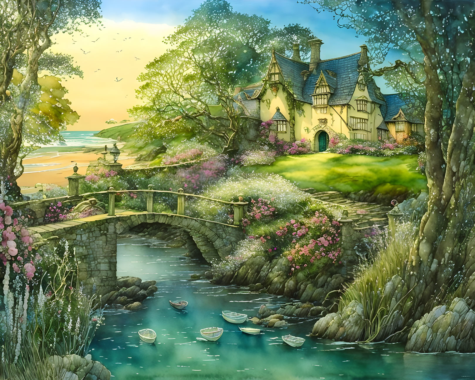 Tranquil countryside scene with cottage, stone bridge, flowers, and birds