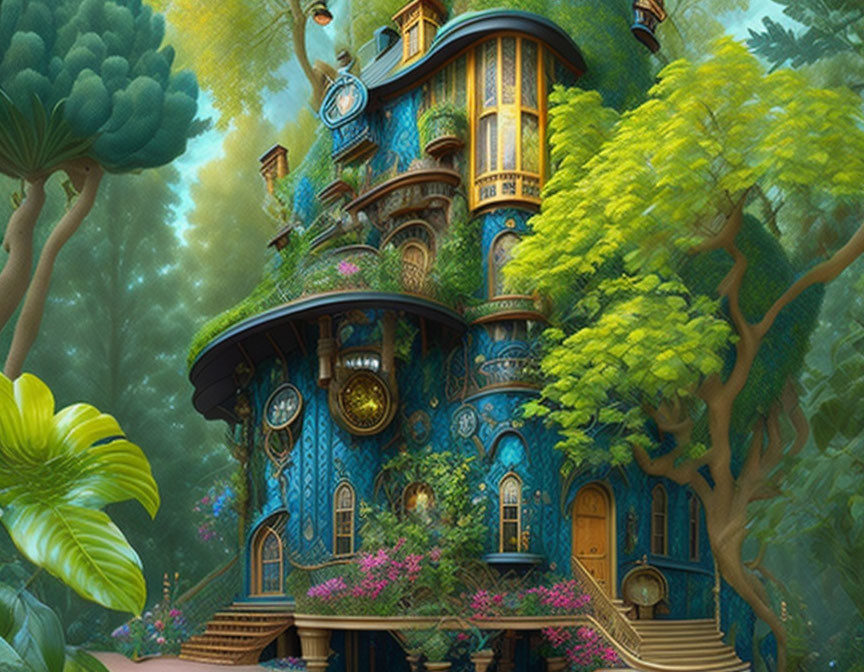 Whimsical blue treehouse in enchanted forest with clocks and vibrant flowers