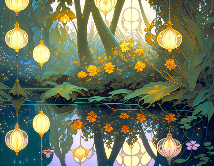 Tranquil forest scene at dusk with glowing lanterns and vibrant foliage