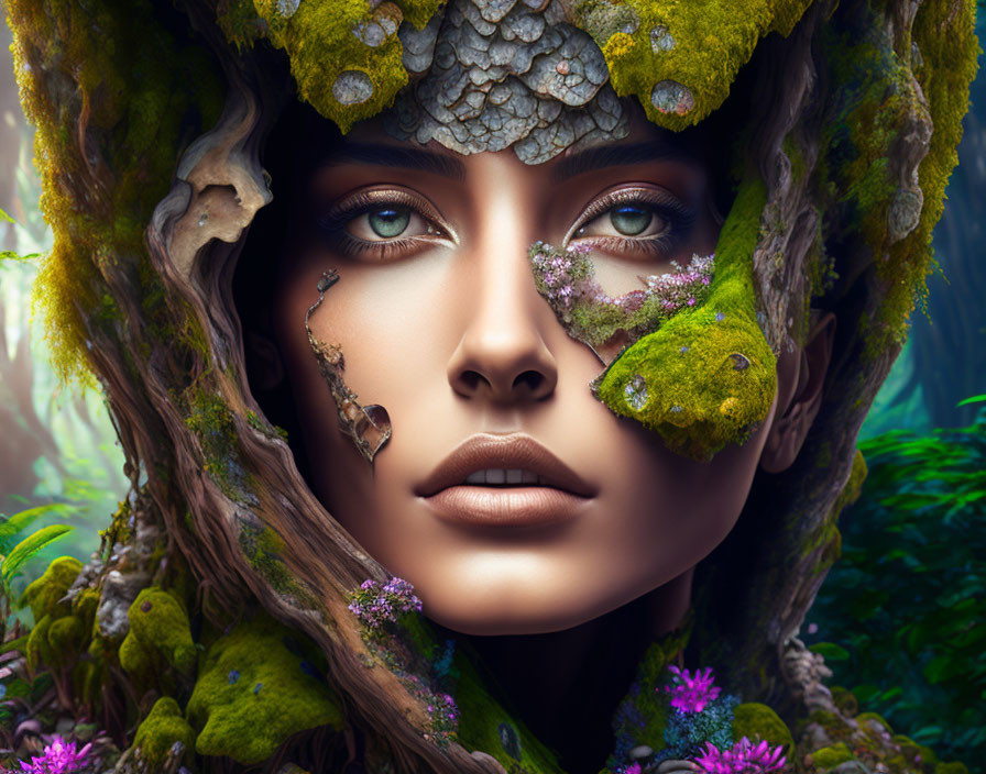 Fantastical portrait of woman with tree bark and moss features in enchanted forest