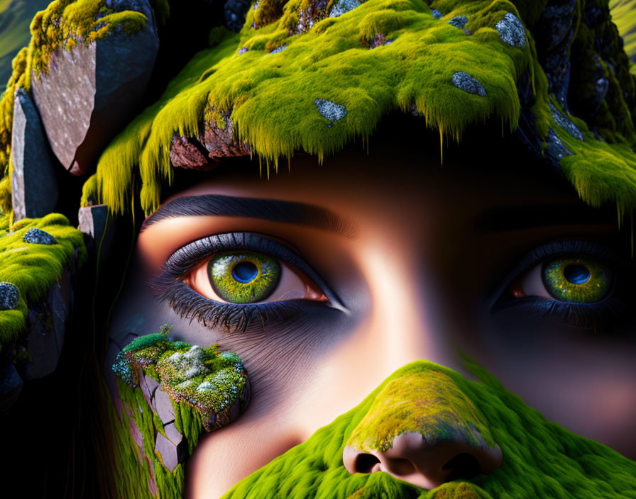 Fantasy character face with green moss textures and stone elements