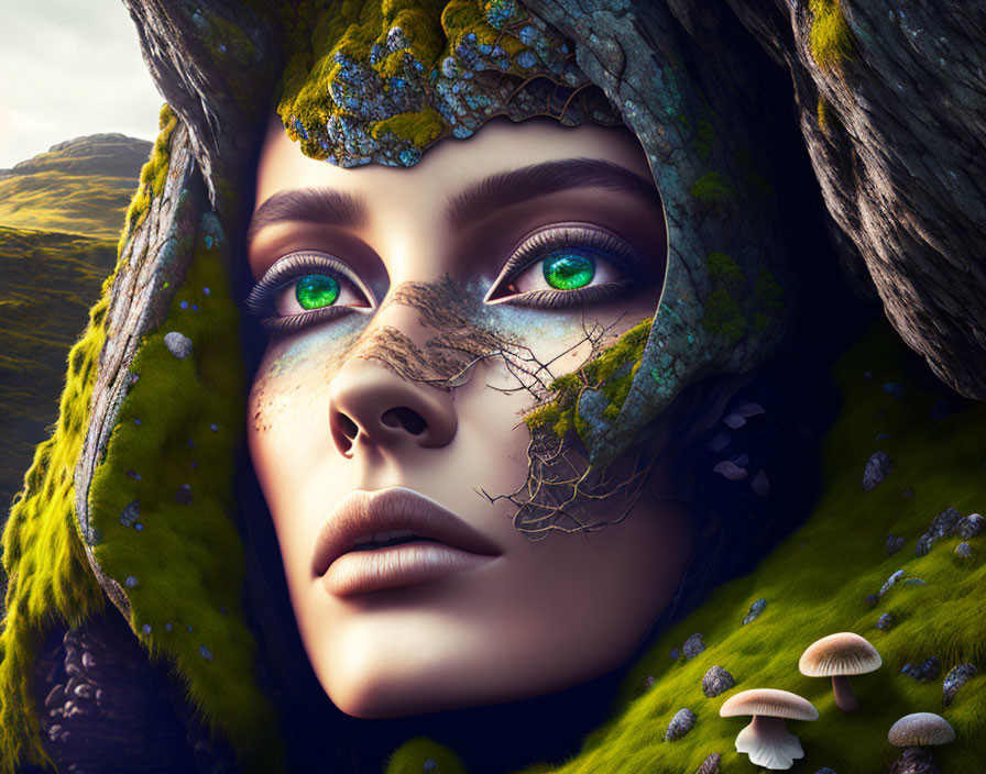 Digital artwork: Woman's face with nature elements - moss, bark, mushrooms