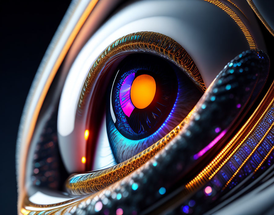 Detailed stylized robotic eye with intricate patterns and vibrant colors