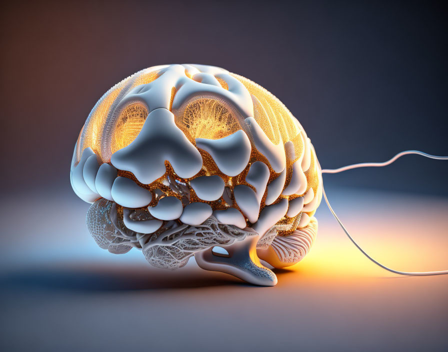 Stylized 3D Human Brain Illustration on Amber-Lit Background