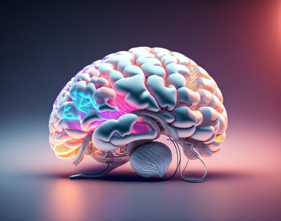 Vibrant digital illustration of interconnected neon brain on gradient backdrop