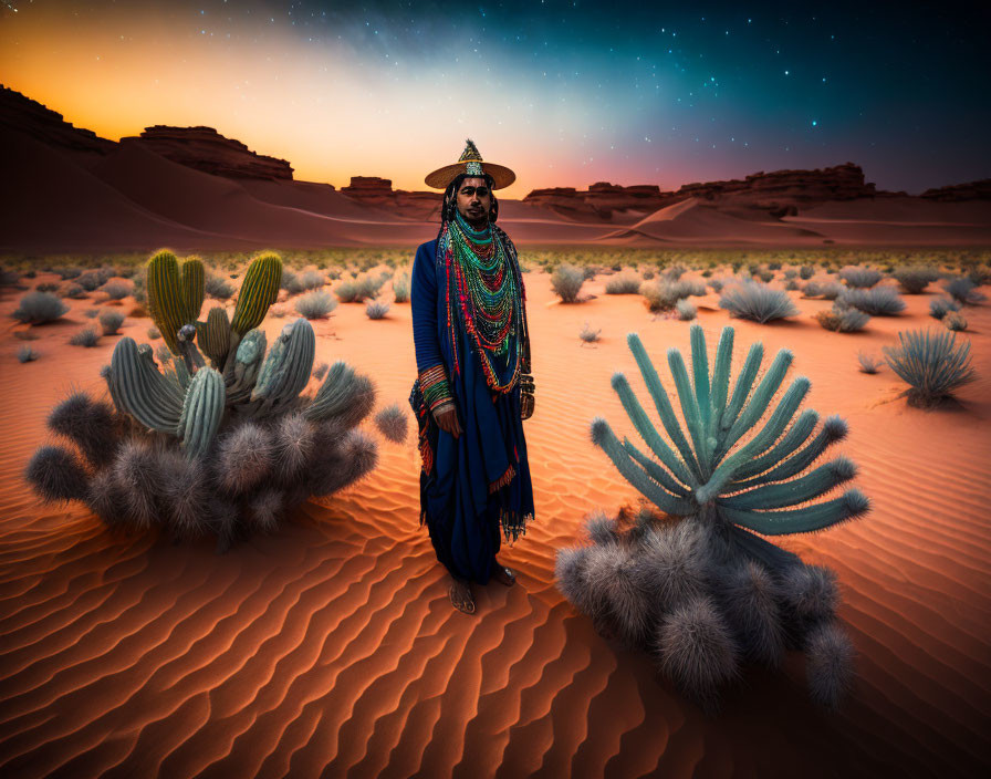 Traditional Attire Figure in Desert Sand Dunes at Twilight