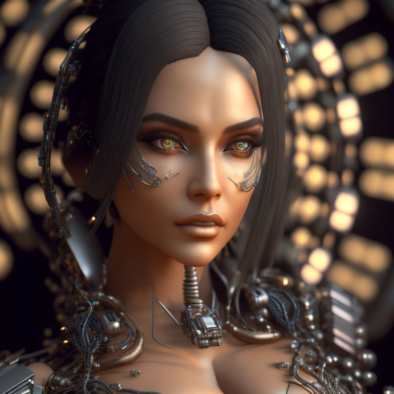 3D-rendered image of a woman with cybernetic enhancements and metallic adornments