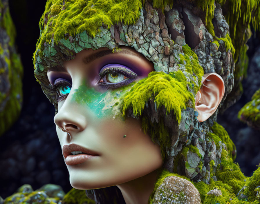 Fantastical portrait of a person with bark-like skin and purple eye makeup