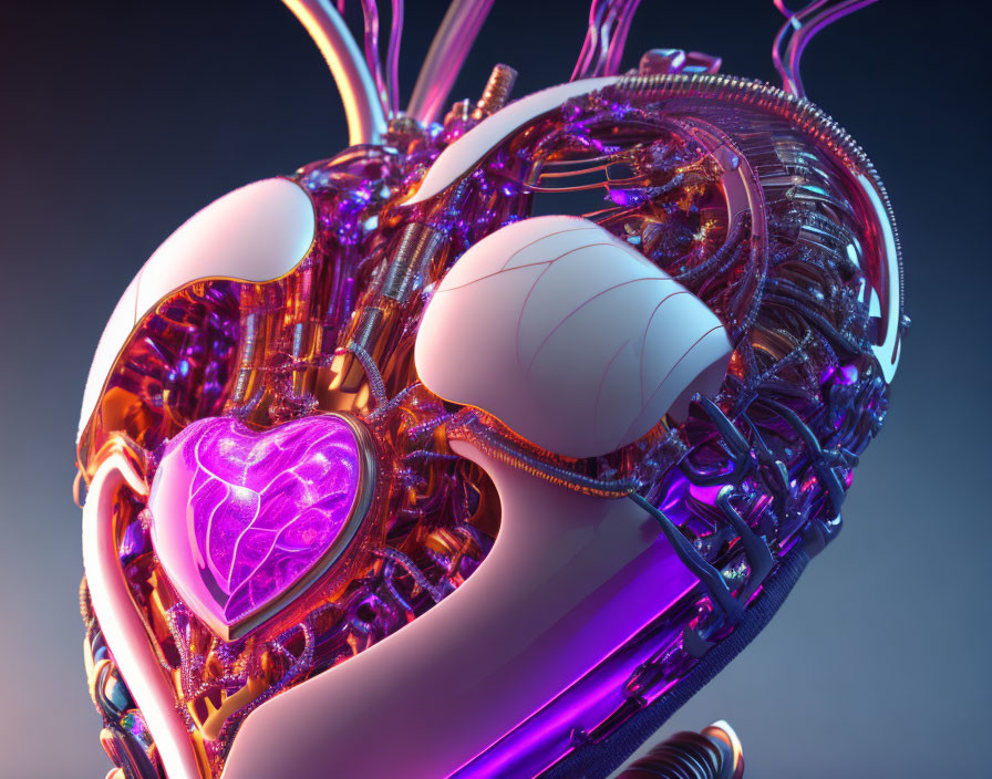 Detailed futuristic anatomical heart with mechanical and cybernetic elements in metallic and neon colors