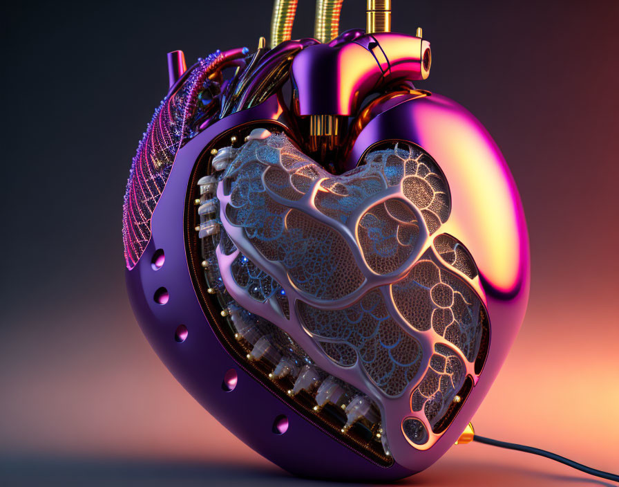 Stylized mechanical heart art with intricate details & multicolored lights