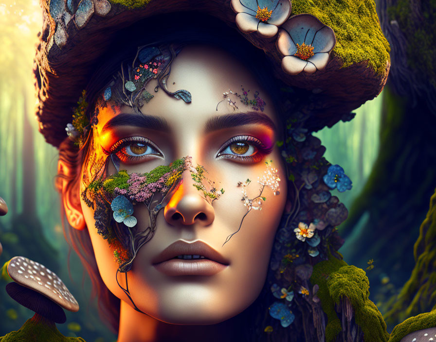 Close-up Digital Artwork: Woman's Face with Forest-Inspired Elements