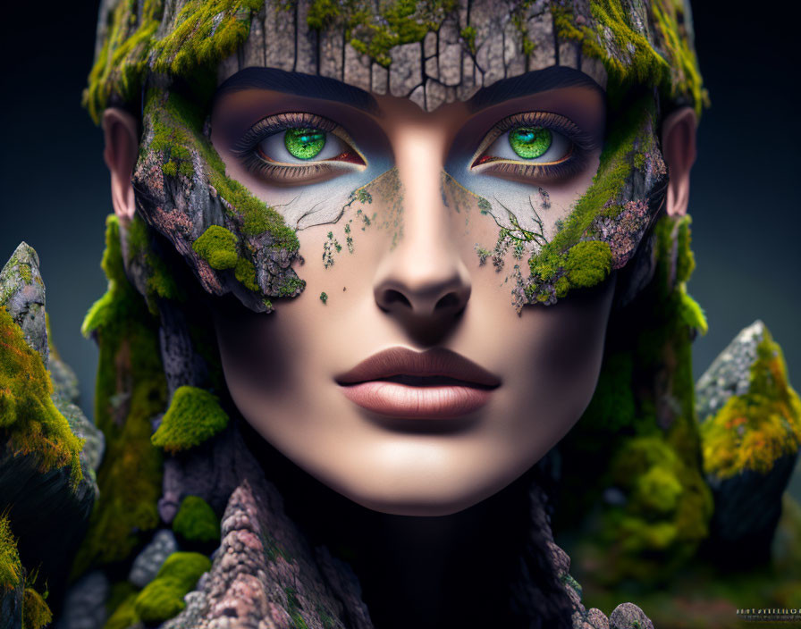 Detailed Close-Up of Face with Vibrant Green Eyes and Moss Textures Among Miniature Rocky Cliffs